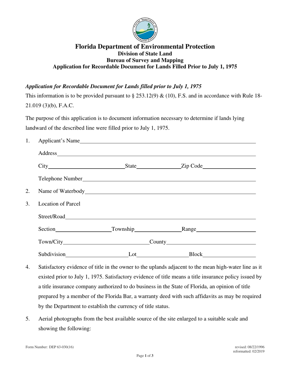 Form DEP63-030(16) Application for Recordable Document for Lands Filled Prior to July 1, 1975 - Florida, Page 1