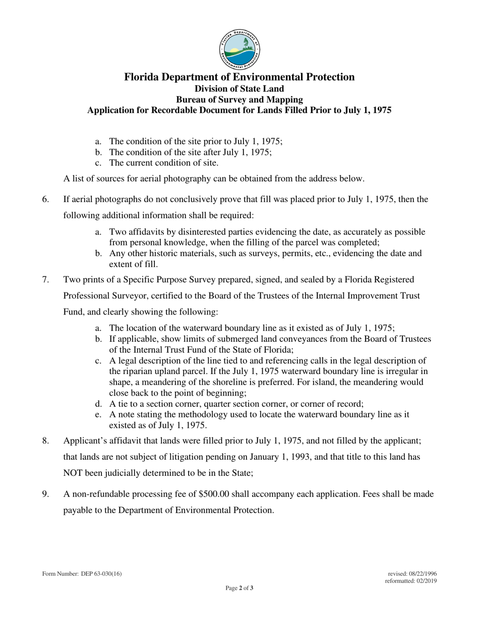 Form DEP63-030(16) Application for Recordable Document for Lands Filled Prior to July 1, 1975 - Florida, Page 2