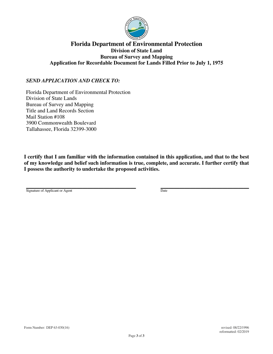 Form DEP63-030(16) Application for Recordable Document for Lands Filled Prior to July 1, 1975 - Florida, Page 3