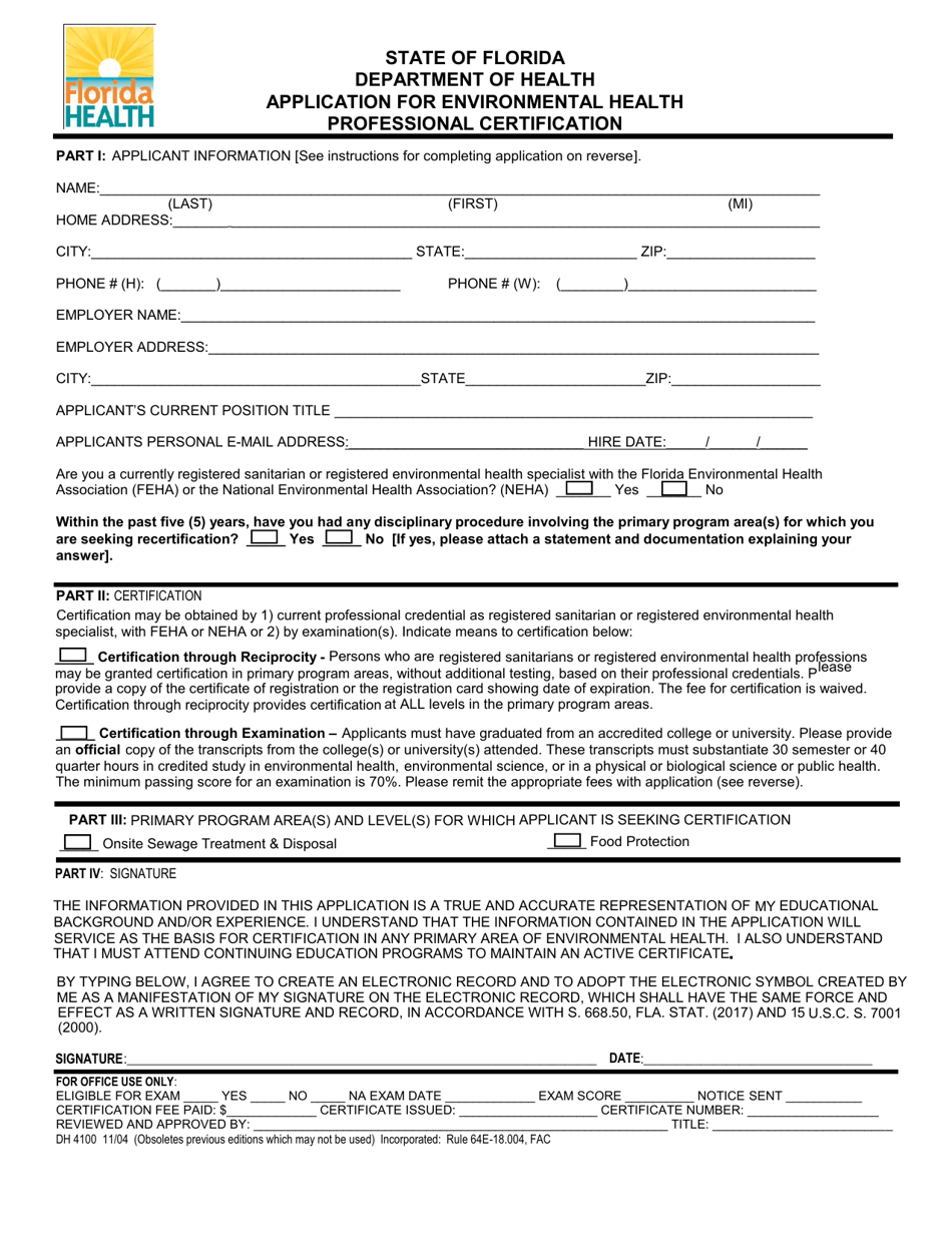 Form DH4100 Application for Environmental Health Professional Certification - Florida, Page 1