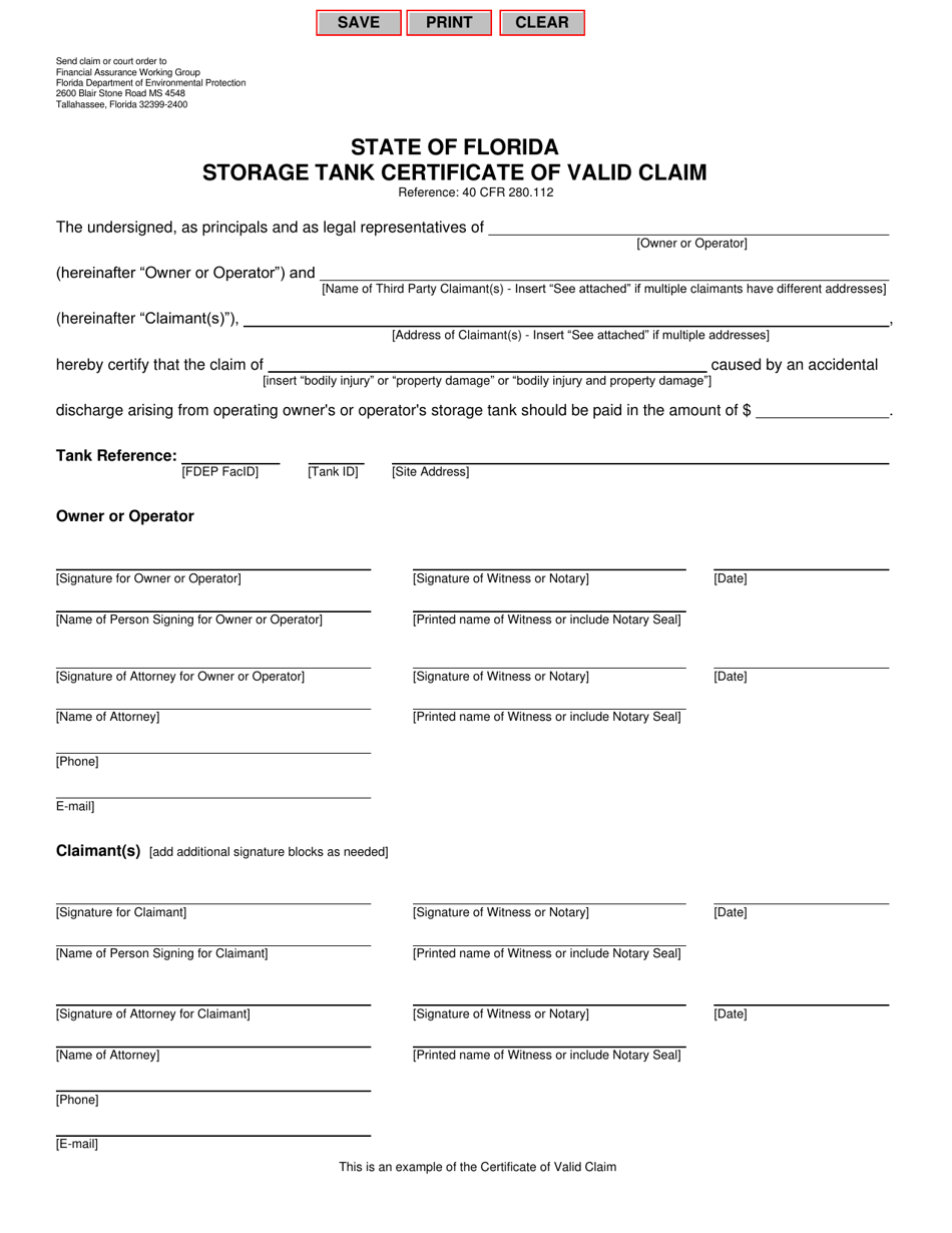 Storage Tank Certificate of Valid Claim - Florida, Page 1