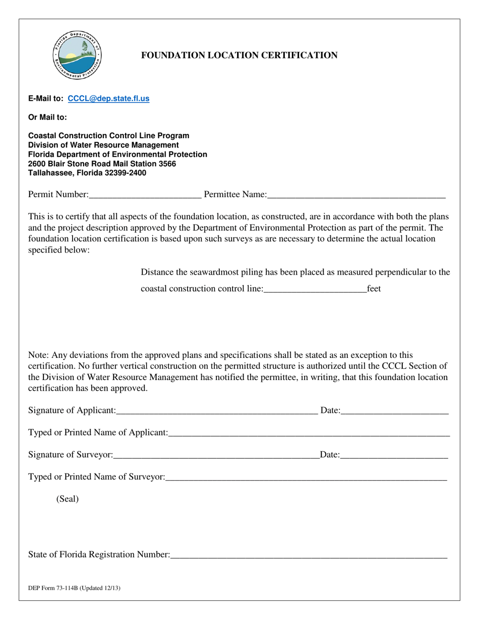 DEP Form 73-114B Foundation Location Certification - Florida, Page 1