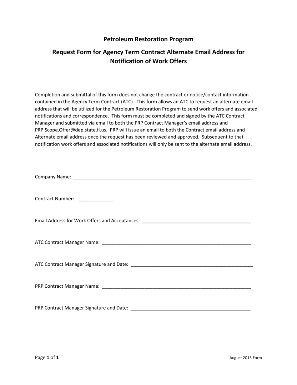 Request Form for Agency Term Contract Alternate Email Address for Notification of Work Offers - Petroleum Restoration Program - Florida, Page 1