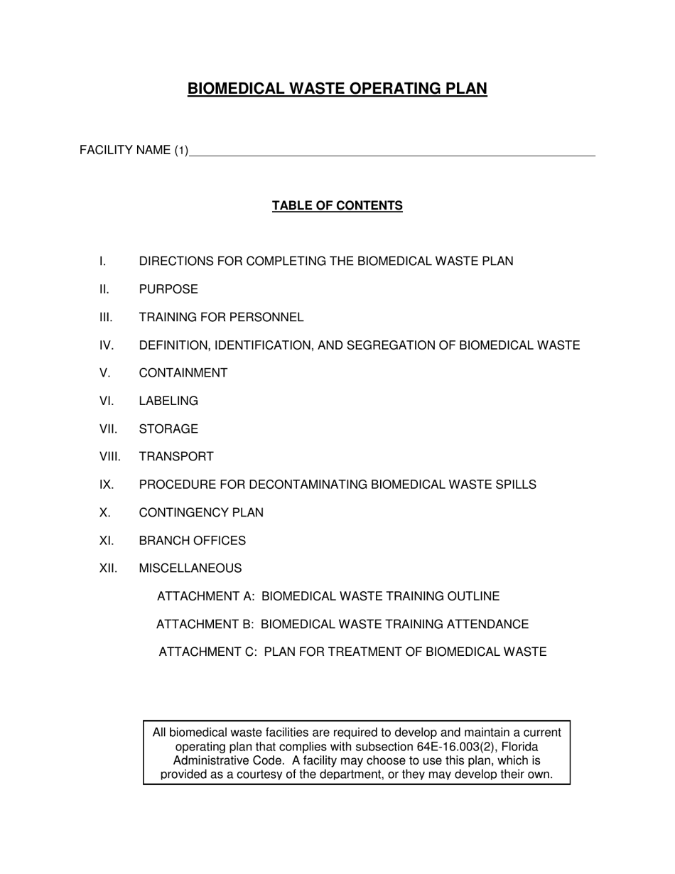 Florida Biomedical Waste Operating Plan Fill Out, Sign Online and