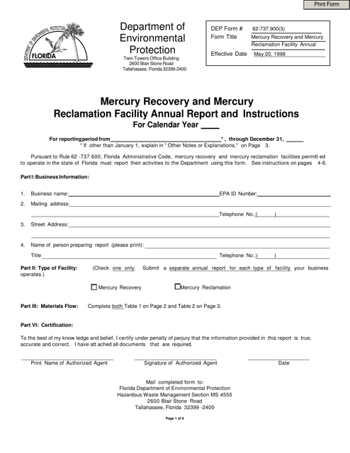 DEP Form 62-737.900(3) Mercury Recovery and Mercury Reclamation Facility Annual Report - Florida
