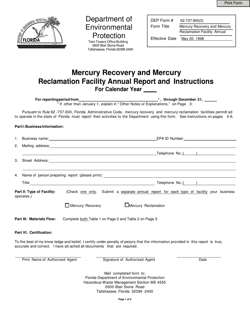 DEP Form 62-737.900(3) Mercury Recovery and Mercury Reclamation Facility Annual Report - Florida, Page 1