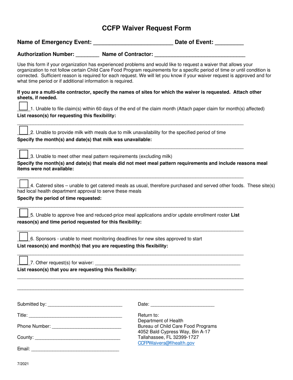 Ccfp Waiver Request Form - Florida, Page 1