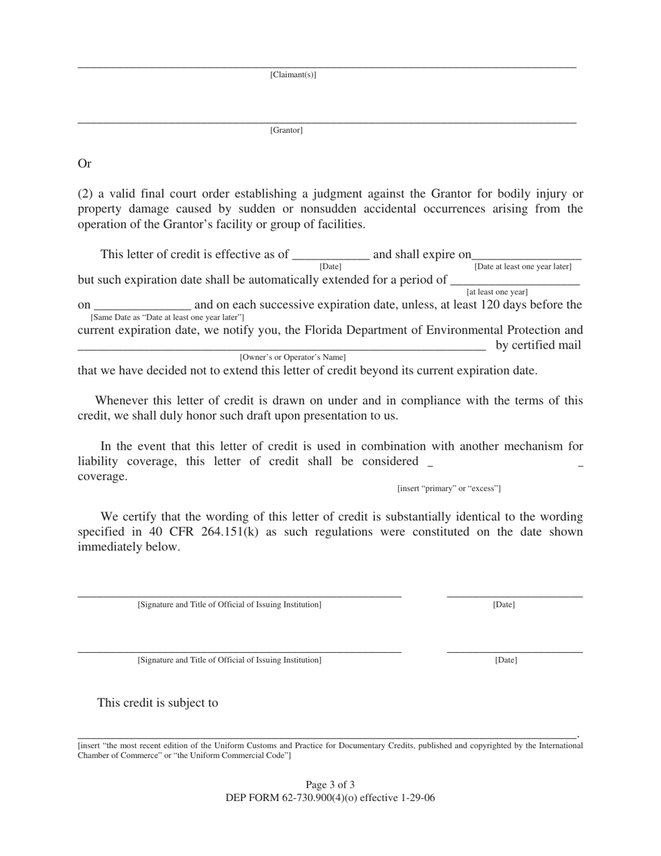 DEP Form 62-730.900(4)(O) Hazardous Waste Facility Irrevocable Letter of Credit to Demonstrate Liability Coverage - Florida, Page 3