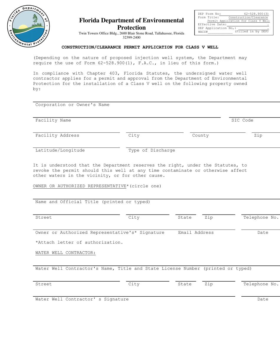 DEP Form 62-528.900(3) Construction / Clearance Permit Application for Class V Well - Florida, Page 1