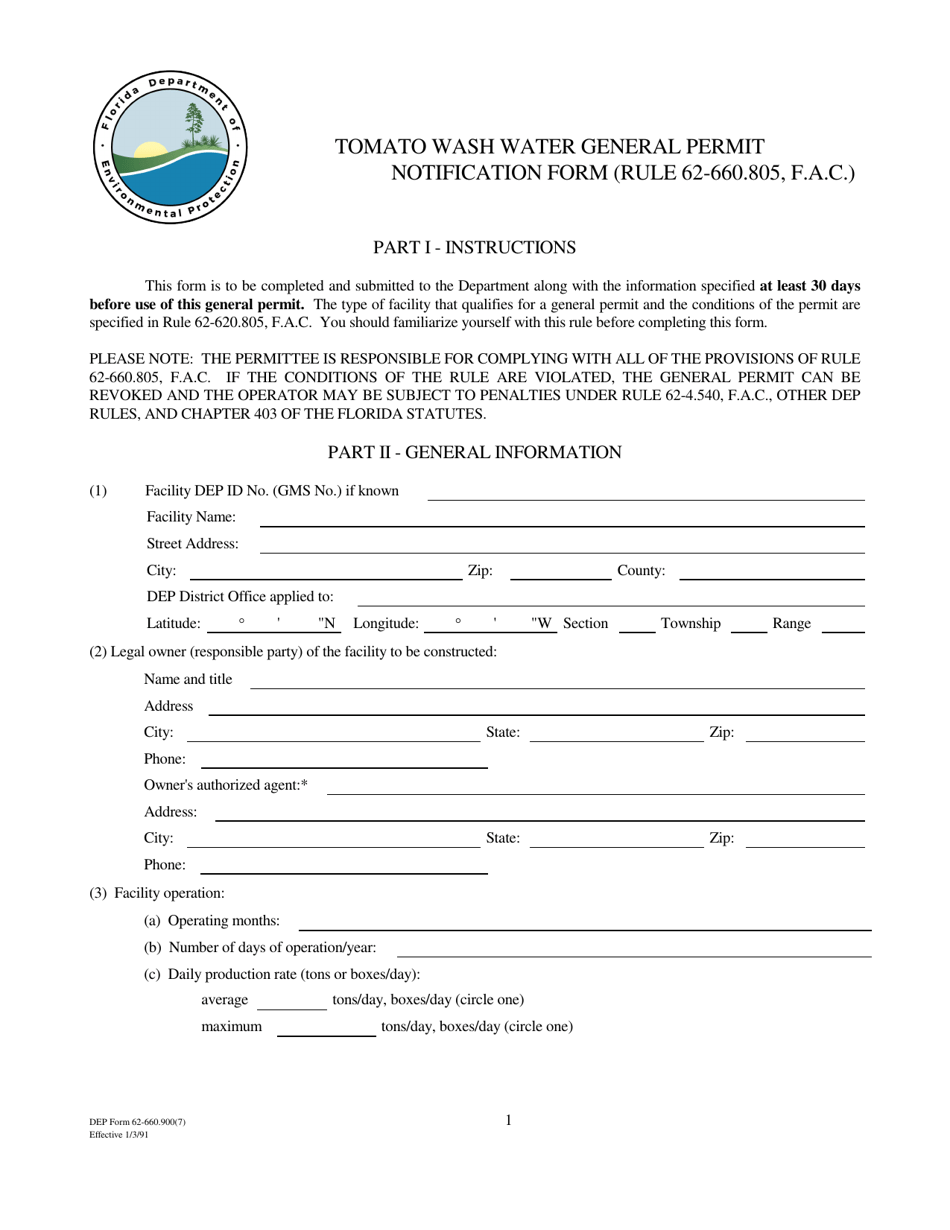 DEP Form 62-660.900(7) Tomato Wash Water General Permit Notification Form - Florida, Page 1
