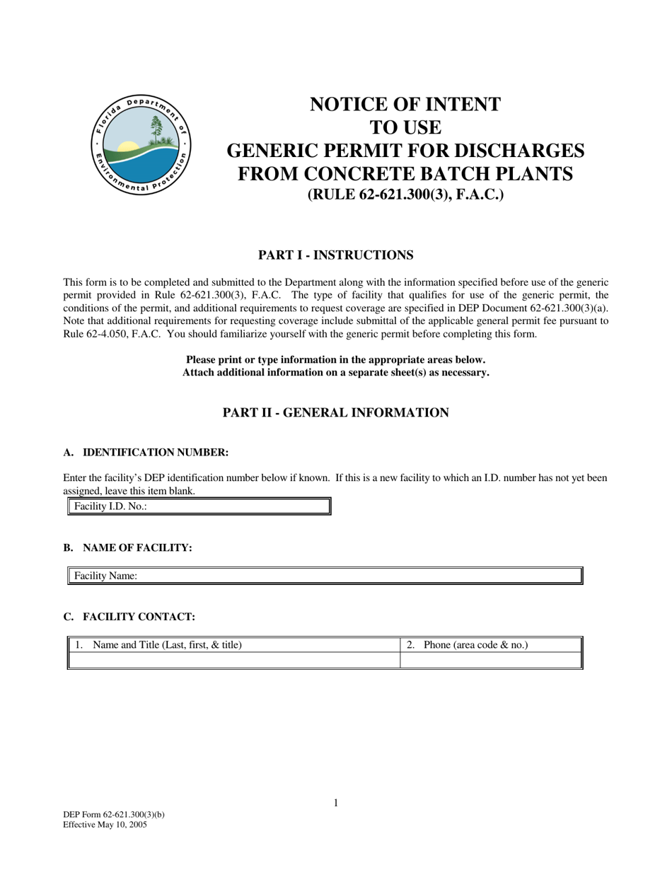 DEP Form 62-621.300(3)(B) Notice of Intent to Use Generic Permit for Discharges From Concrete Batch Plants - Florida, Page 1