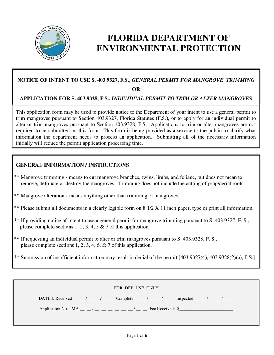 Notice of Intent to Use General Permit for Mangrove Trimming or Application for Individual Permit to Alter or Trim Mangroves Pursuant to Section 403.9327, Florida Statutes, or Section 403.9328, Florida Statutes - Florida, Page 1