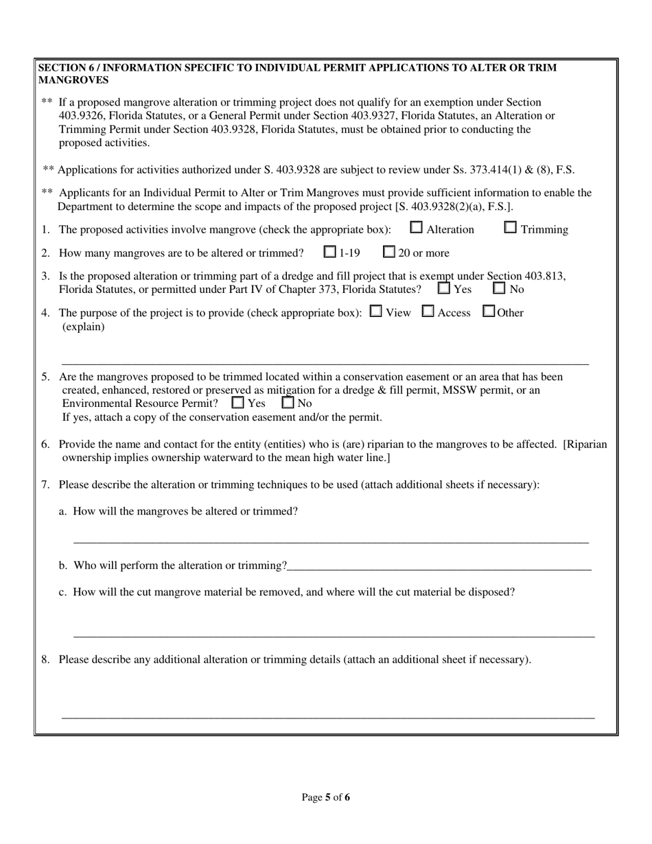 Notice of Intent to Use General Permit for Mangrove Trimming or Application for Individual Permit to Alter or Trim Mangroves Pursuant to Section 403.9327, Florida Statutes, or Section 403.9328, Florida Statutes - Florida, Page 5