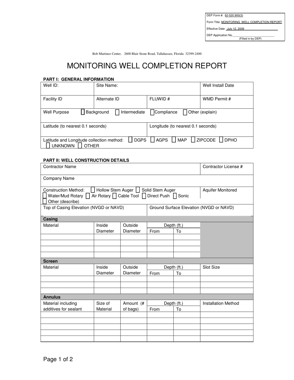 DEP Form 62-520.900(3) Monitoring Well Completion Report - Florida, Page 1