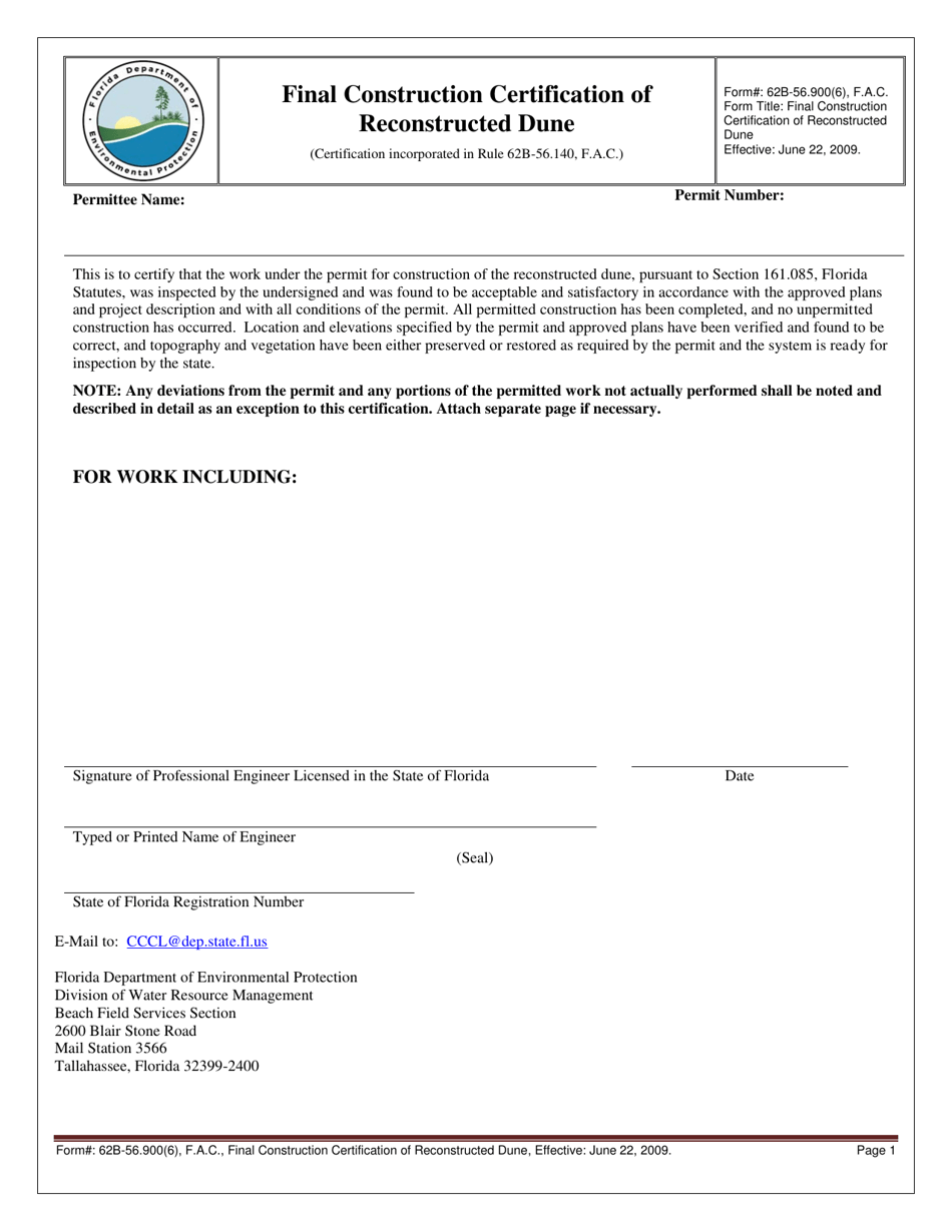 Form 62B-56.900(6) Final Construction Certification of Reconstructed Dune - Florida, Page 1