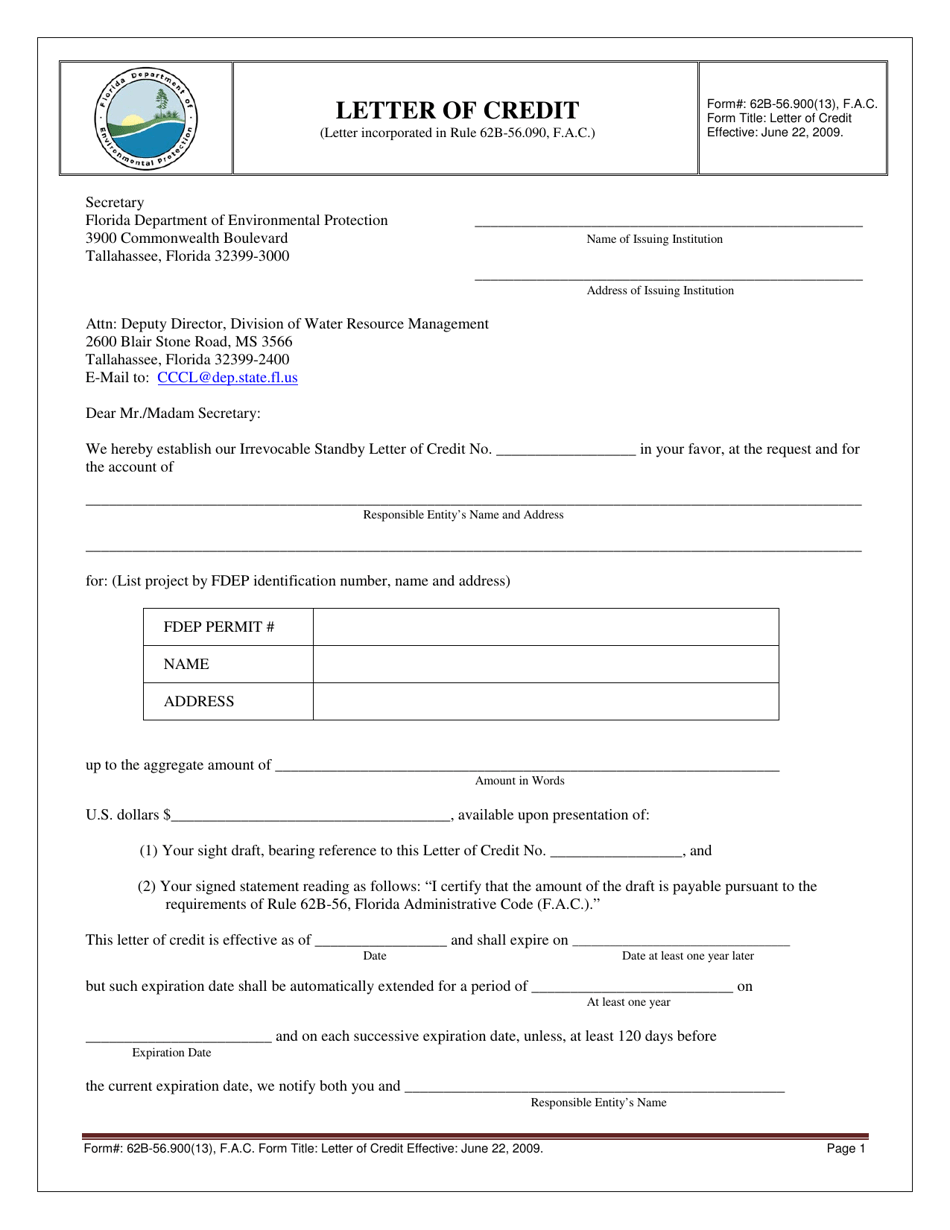 Form 62B-56.900(13) Letter of Credit - Florida, Page 1