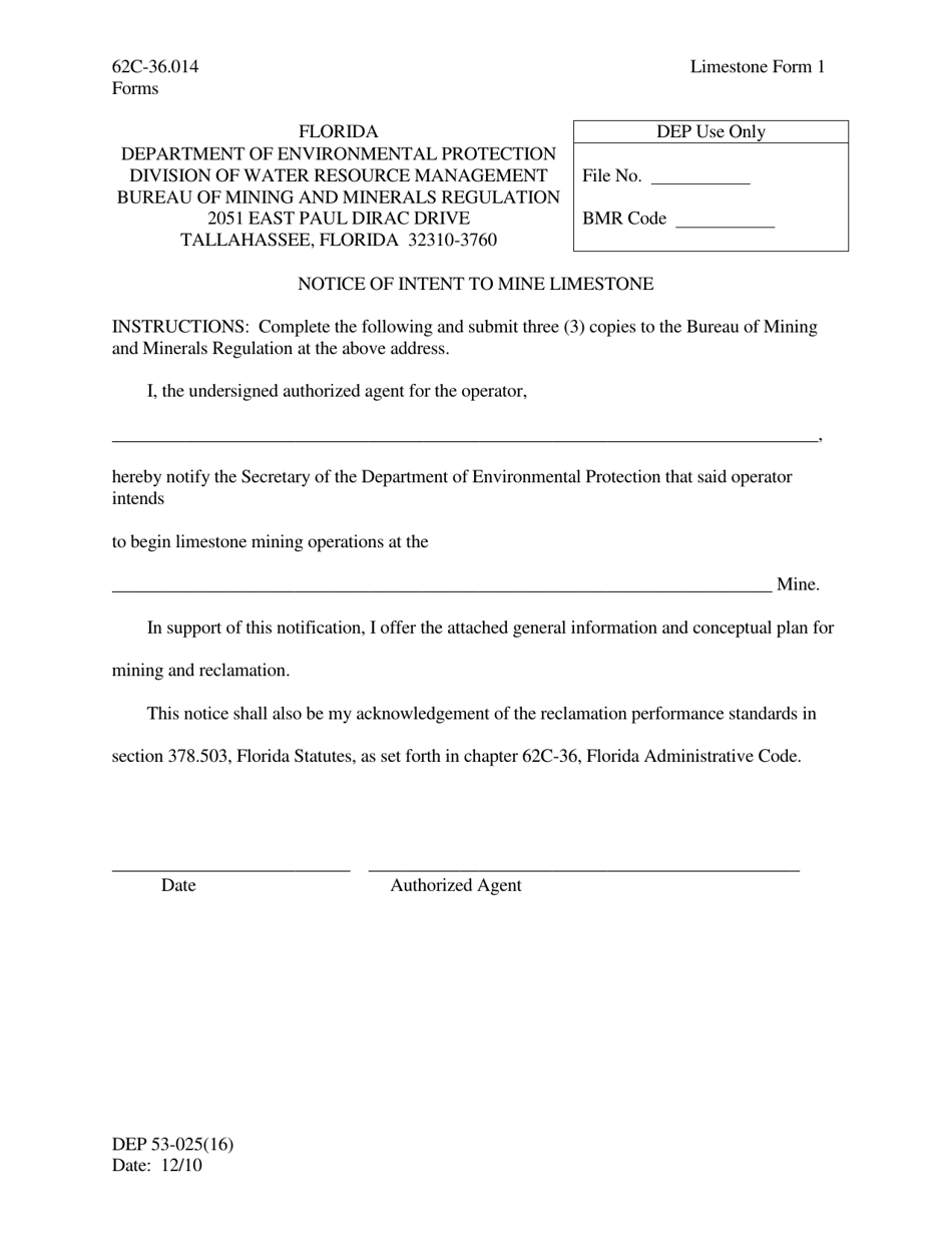 Limestone Form 1 (DEP53-025(16)) Notice of Intent to Mine Limestone - Florida, Page 1