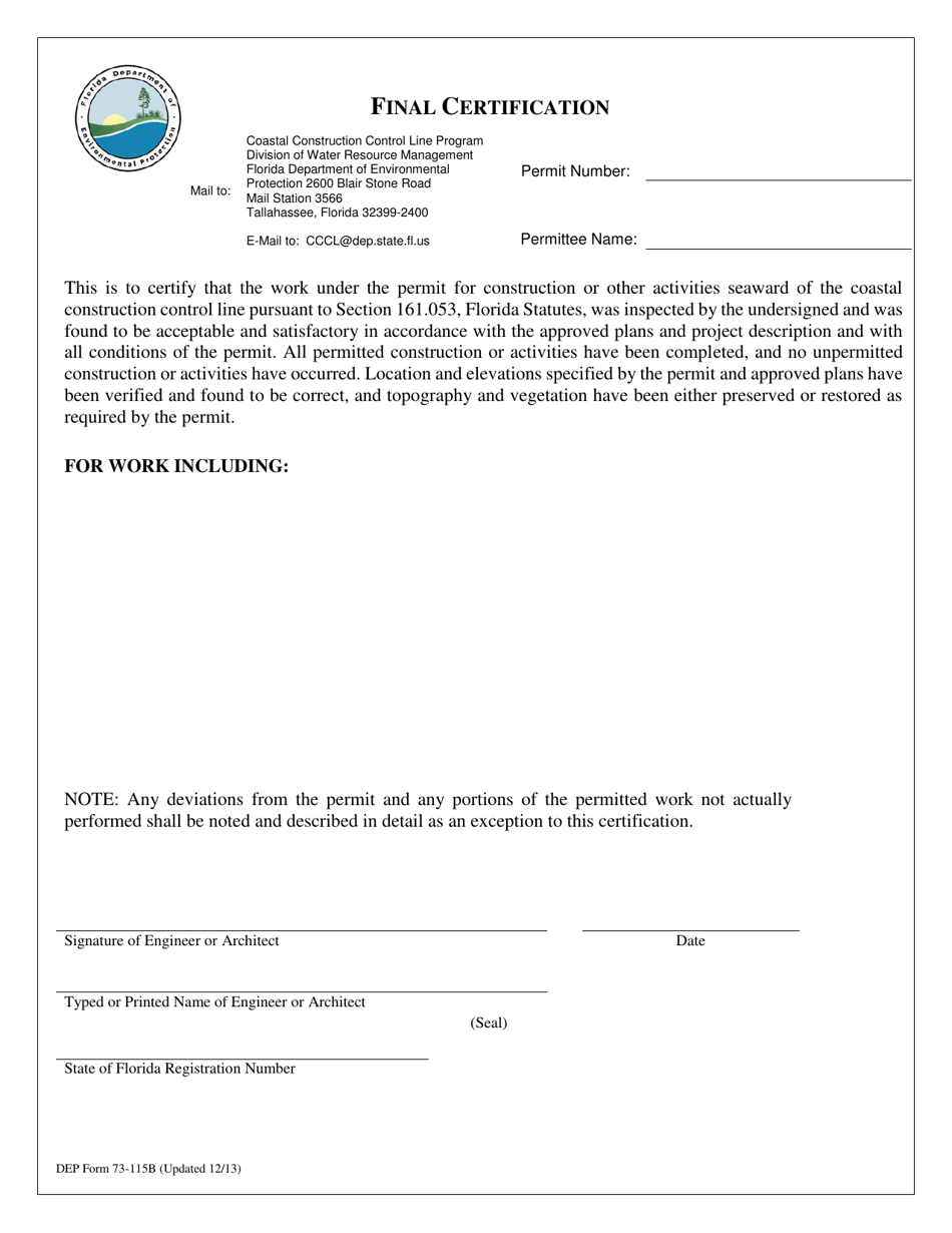 DEP Form 73-115B Final Certification - Florida, Page 1