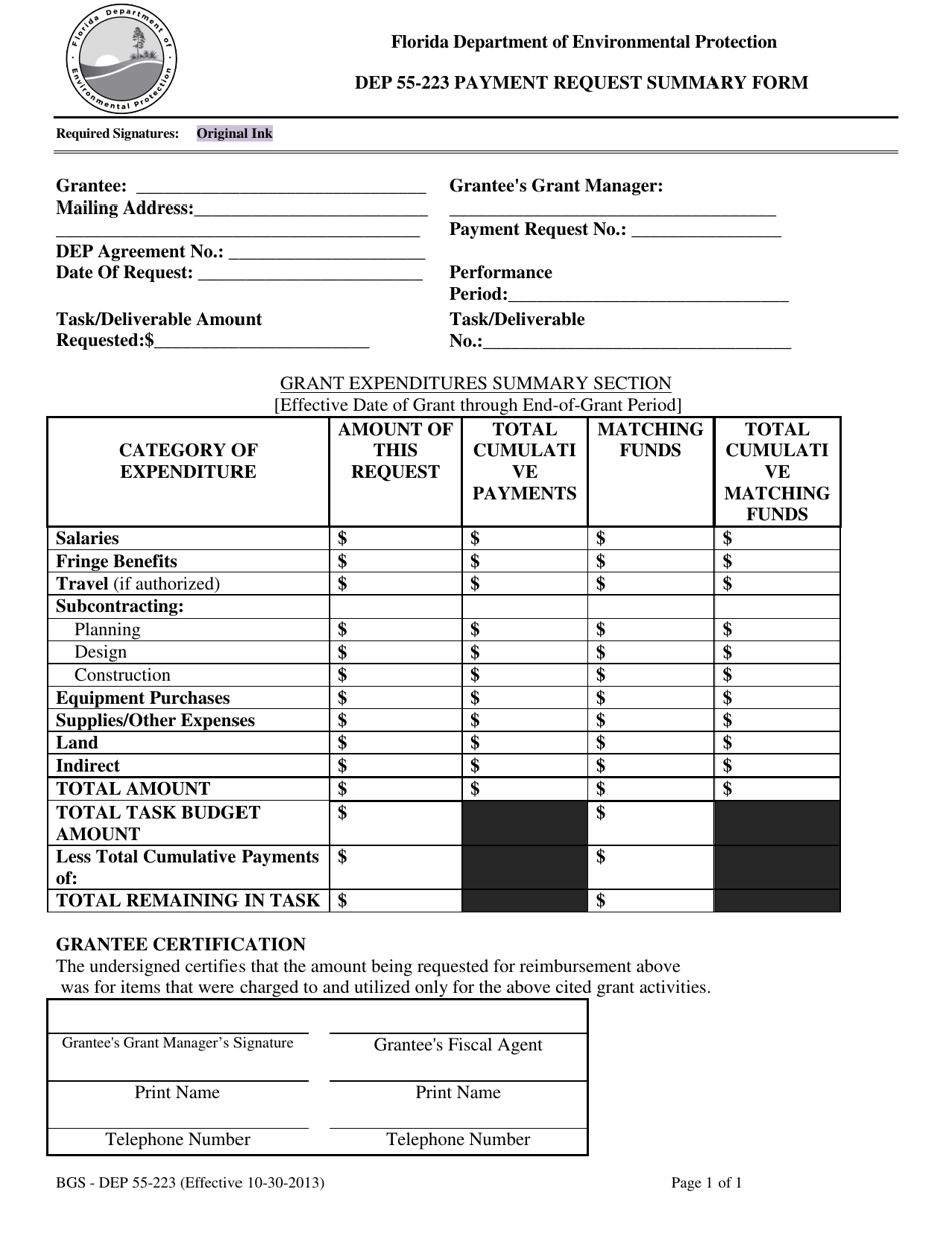 Form DEP55-223 Payment Request Summary Form - Florida, Page 1