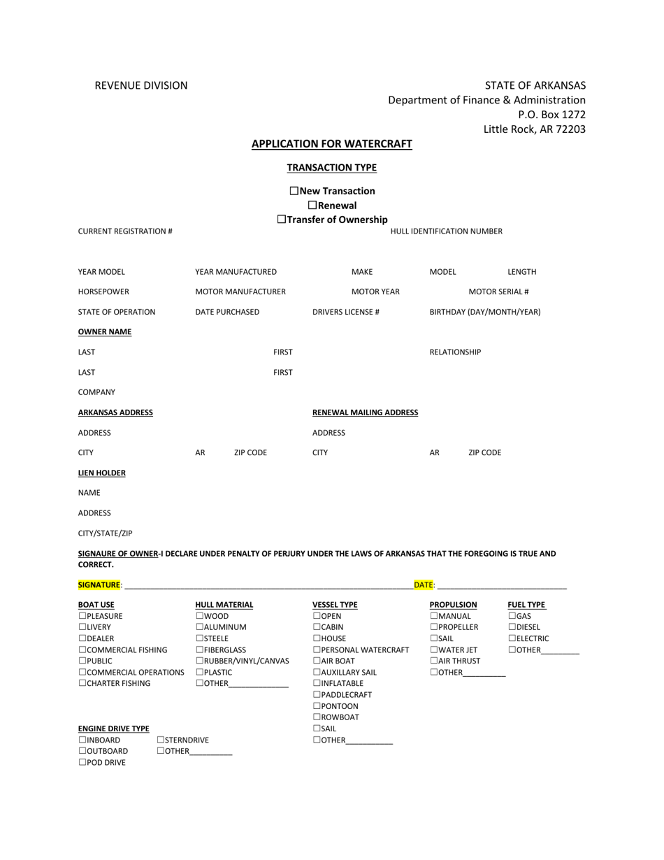 Application for Watercraft - Arkansas, Page 1