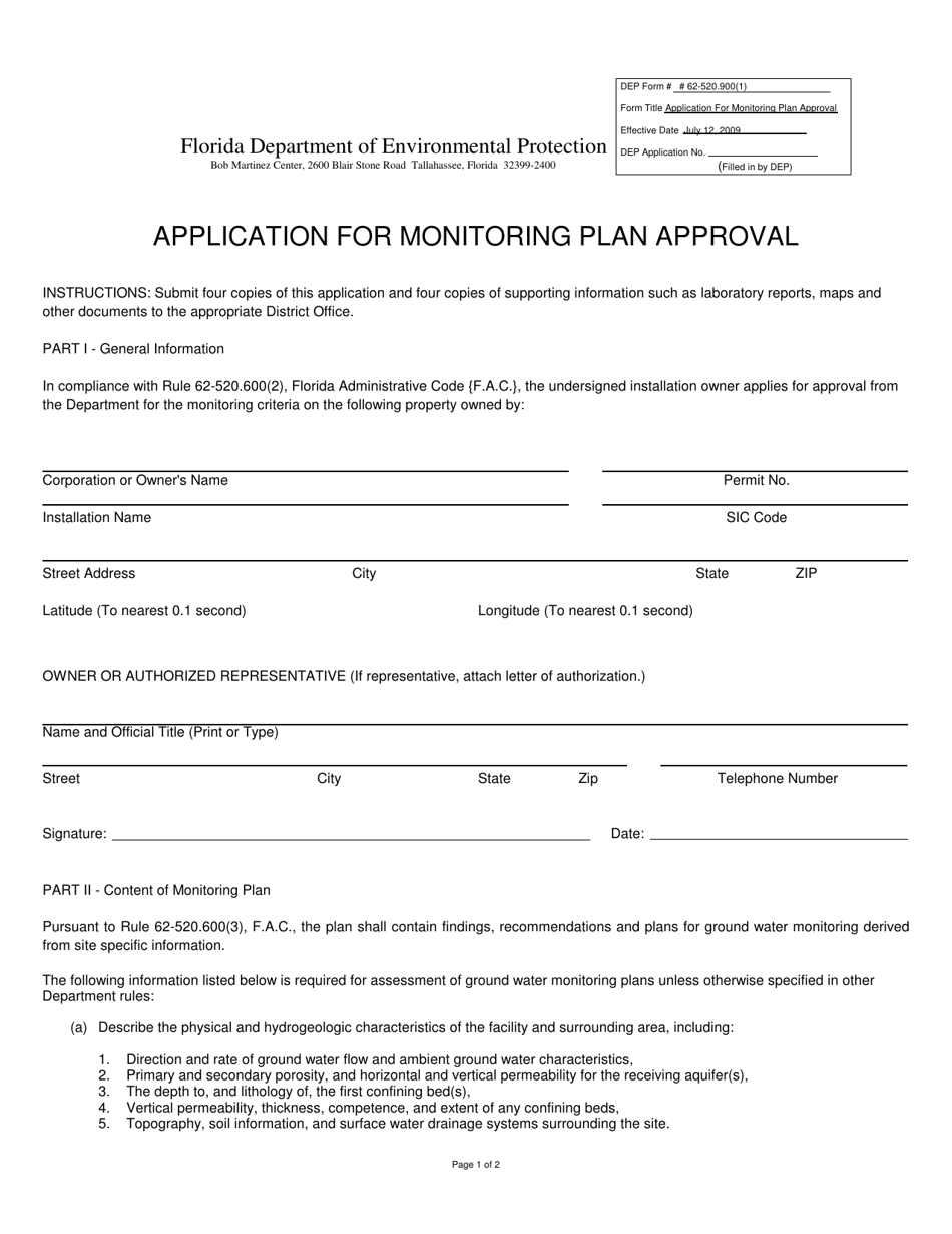 DEP Form 62-520.900(1) Application for Monitoring Plan Approval - Florida, Page 1