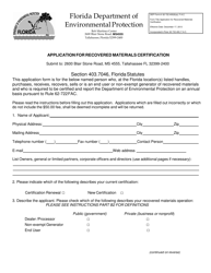 DEP Form 62-722.400(9)(A) Application for Recovered Materials Certification - Florida