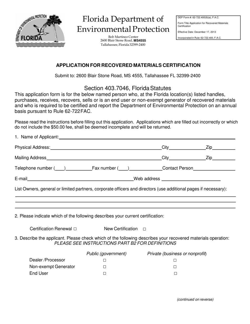 DEP Form 62-722.400(9)(A) Application for Recovered Materials Certification - Florida, Page 1