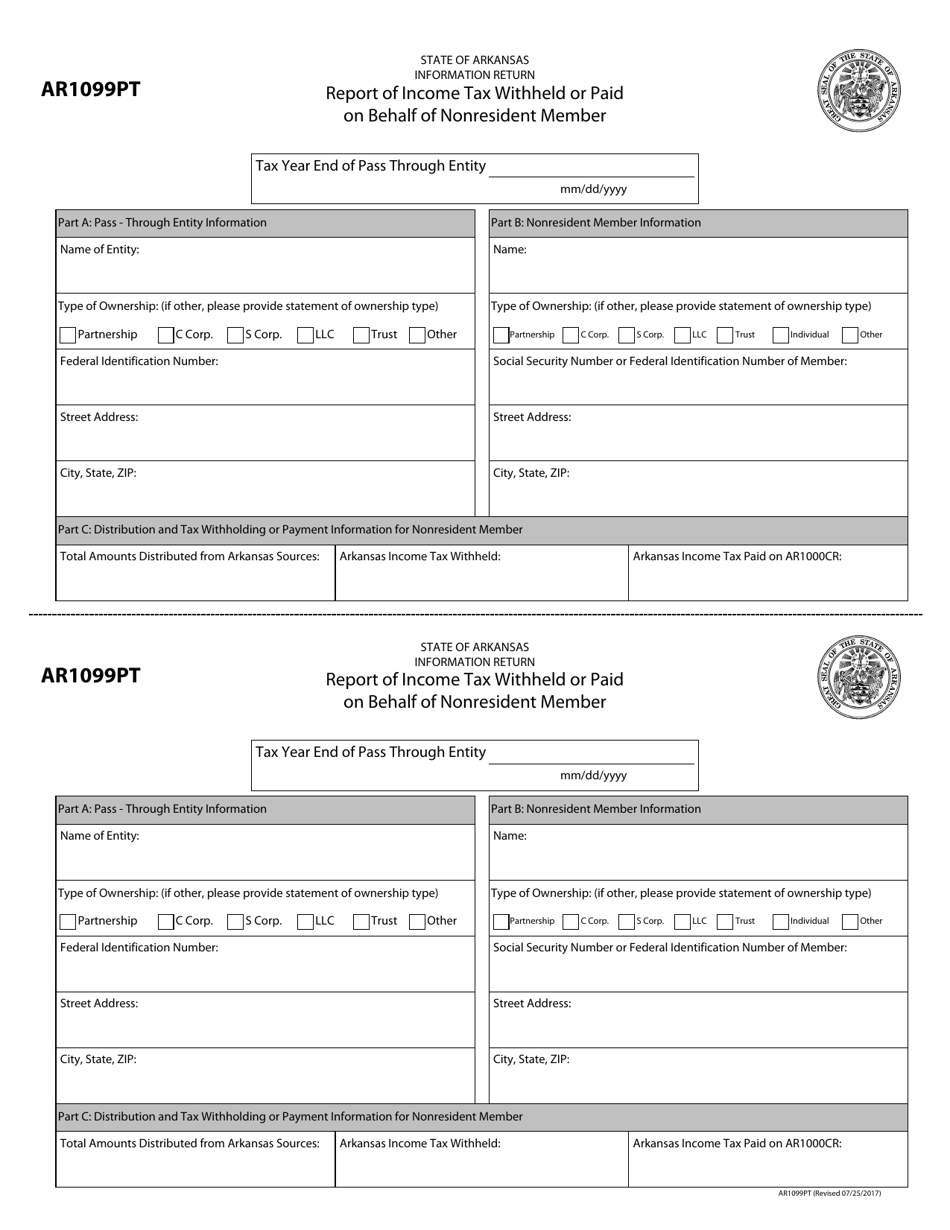 Form AR1099PT Report of Income Tax Withheld or Paid on Behalf of Nonresident Member - Arkansas, Page 1