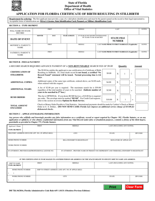 Form DH728 Application for Florida Certificate of Birth Resulting in Stillbirth - Florida