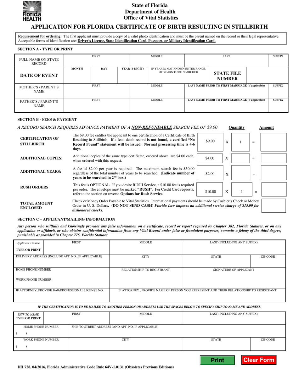 Form DH728 Application for Florida Certificate of Birth Resulting in Stillbirth - Florida, Page 1