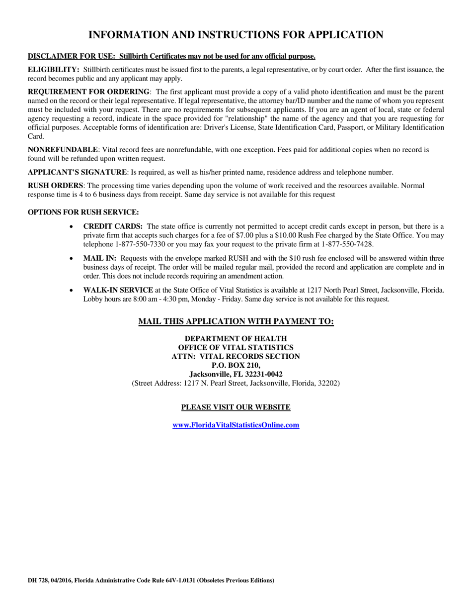 Form DH728 Application for Florida Certificate of Birth Resulting in Stillbirth - Florida, Page 2