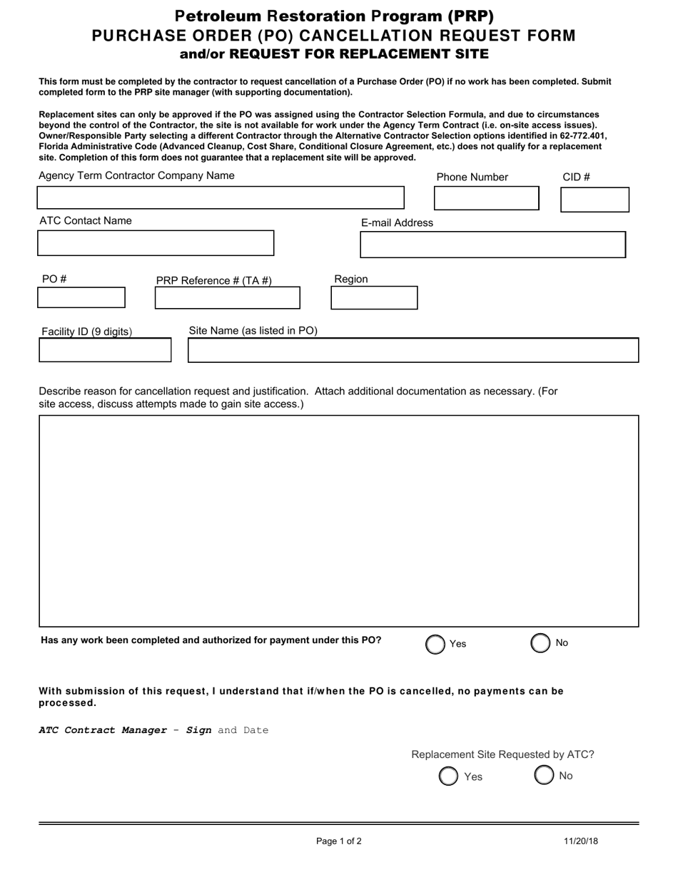 Purchase Order (Po) Cancellation Request Form and / or Request for Replacement Site - Petroleum Restoration Program (PRP) - Florida, Page 1