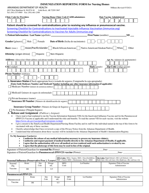 "Immunization Reporting Form for Nursing Homes" - Arkansas Download Pdf