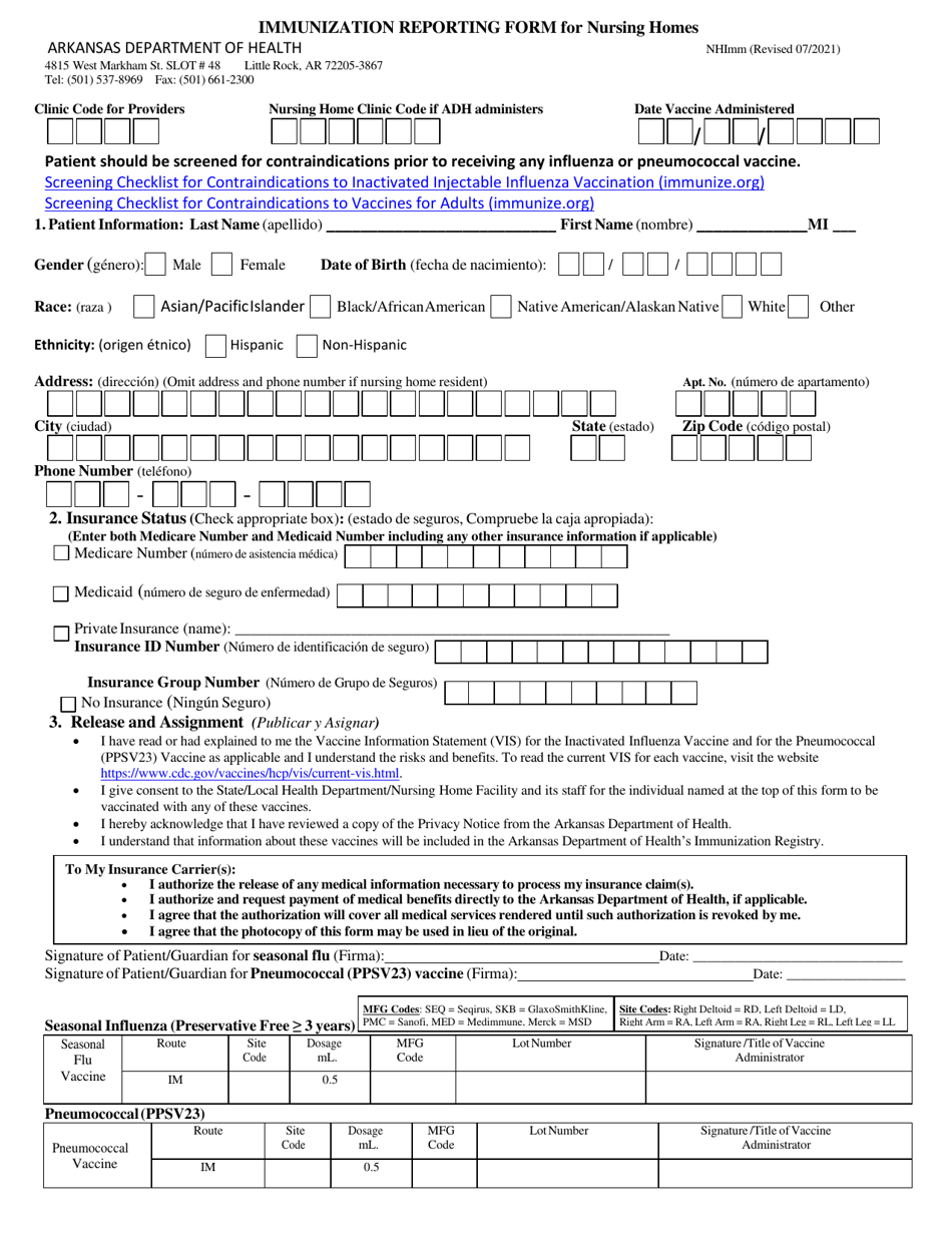 Immunization Reporting Form for Nursing Homes - Arkansas, Page 1