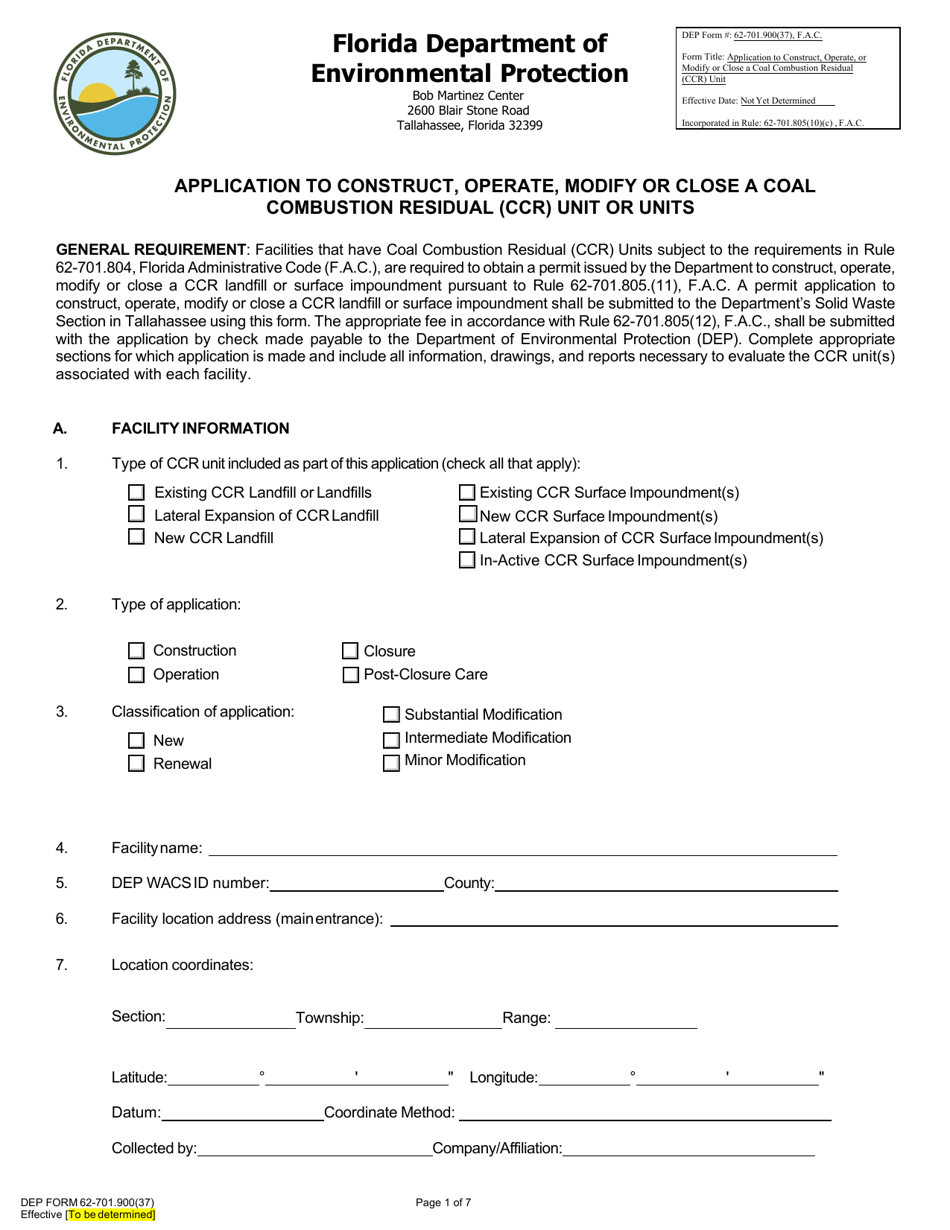DEP Form 62-701.900(37) Application to Construct, Operate, Modify or Close a Coal Combustion Residual (Ccr) Unit or Units - Florida, Page 1