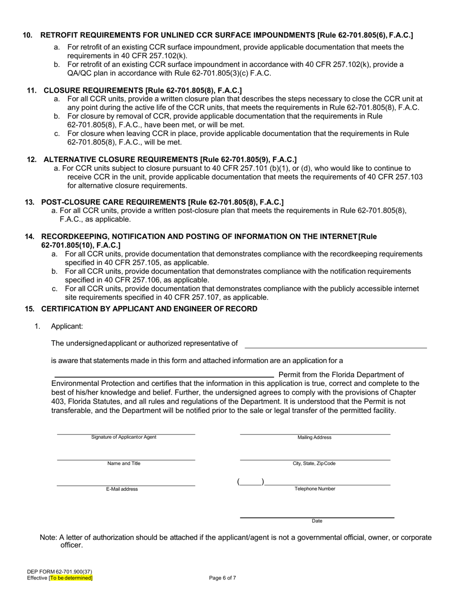 DEP Form 62-701.900(37) Application to Construct, Operate, Modify or Close a Coal Combustion Residual (Ccr) Unit or Units - Florida, Page 6