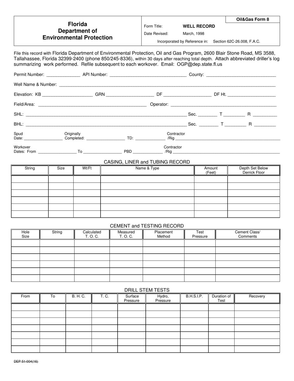 OilGas Form 8 Well Record - Florida, Page 1