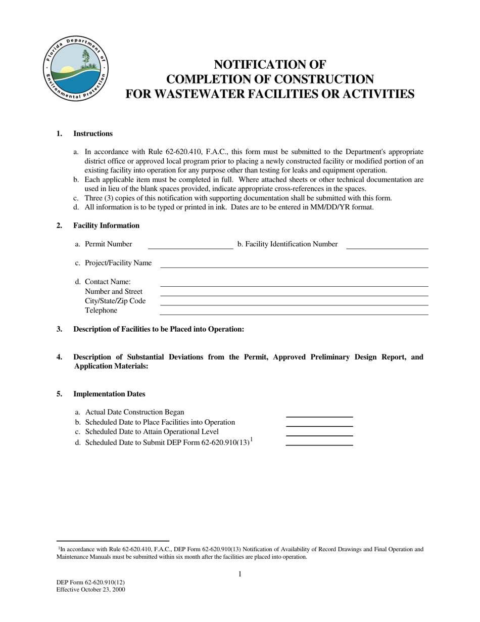 DEP Form 62-620.910(12) Notification of Completion of Construction for Wastewater Facilities or Activities - Florida, Page 1