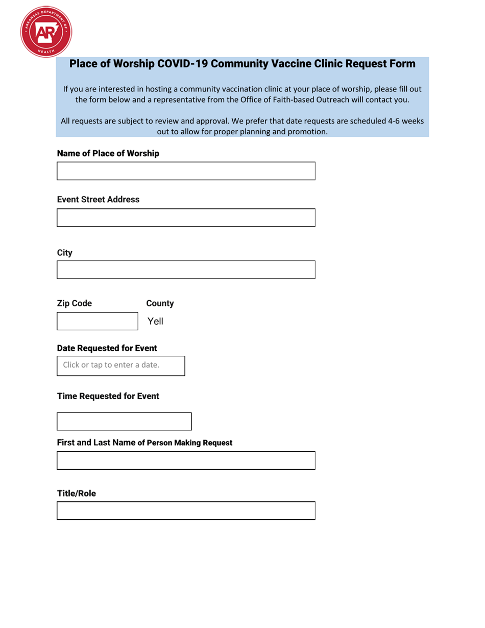 Place of Worship Covid-19 Community Vaccine Clinic Request Form - Arkansas, Page 1