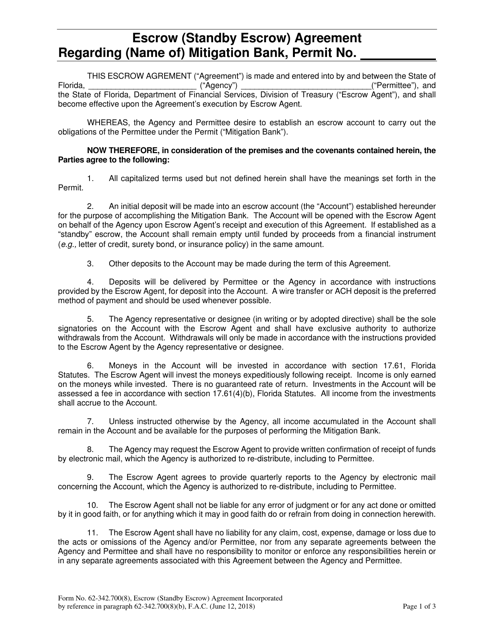Form 62-342.700(8) Escrow (Standby Escrow) Agreement - Florida
