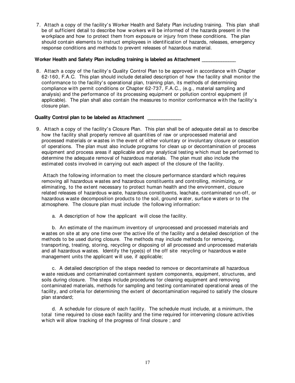 DEP Form 62-737.900(2) Application for a Mercury-Containing Lamp or Device Mercury Recovery or Mercury Reclamation Facility Permit - Florida, Page 18