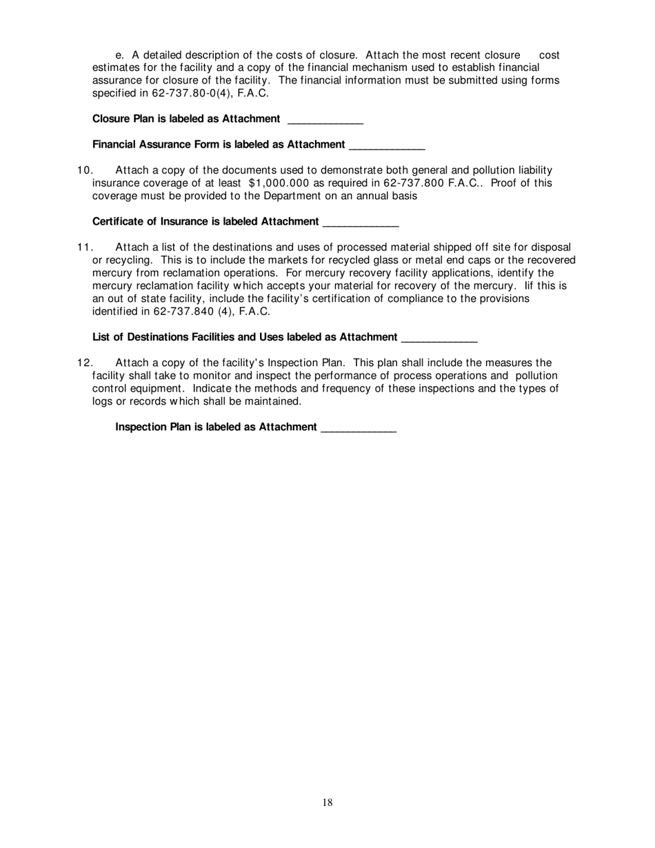 DEP Form 62-737.900(2) Application for a Mercury-Containing Lamp or Device Mercury Recovery or Mercury Reclamation Facility Permit - Florida, Page 19