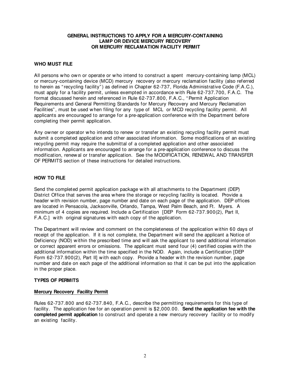 DEP Form 62-737.900(2) Application for a Mercury-Containing Lamp or Device Mercury Recovery or Mercury Reclamation Facility Permit - Florida, Page 3