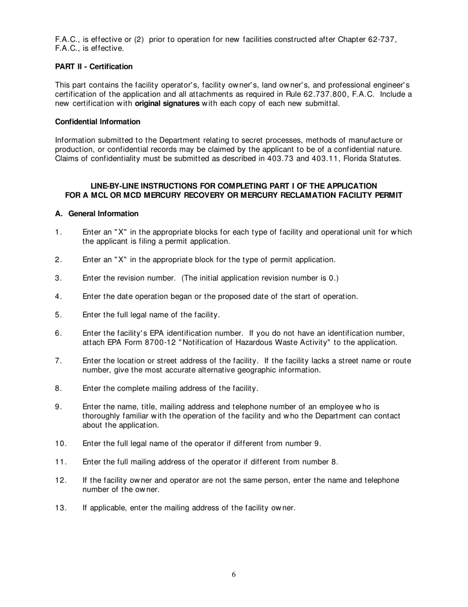 DEP Form 62-737.900(2) Application for a Mercury-Containing Lamp or Device Mercury Recovery or Mercury Reclamation Facility Permit - Florida, Page 7
