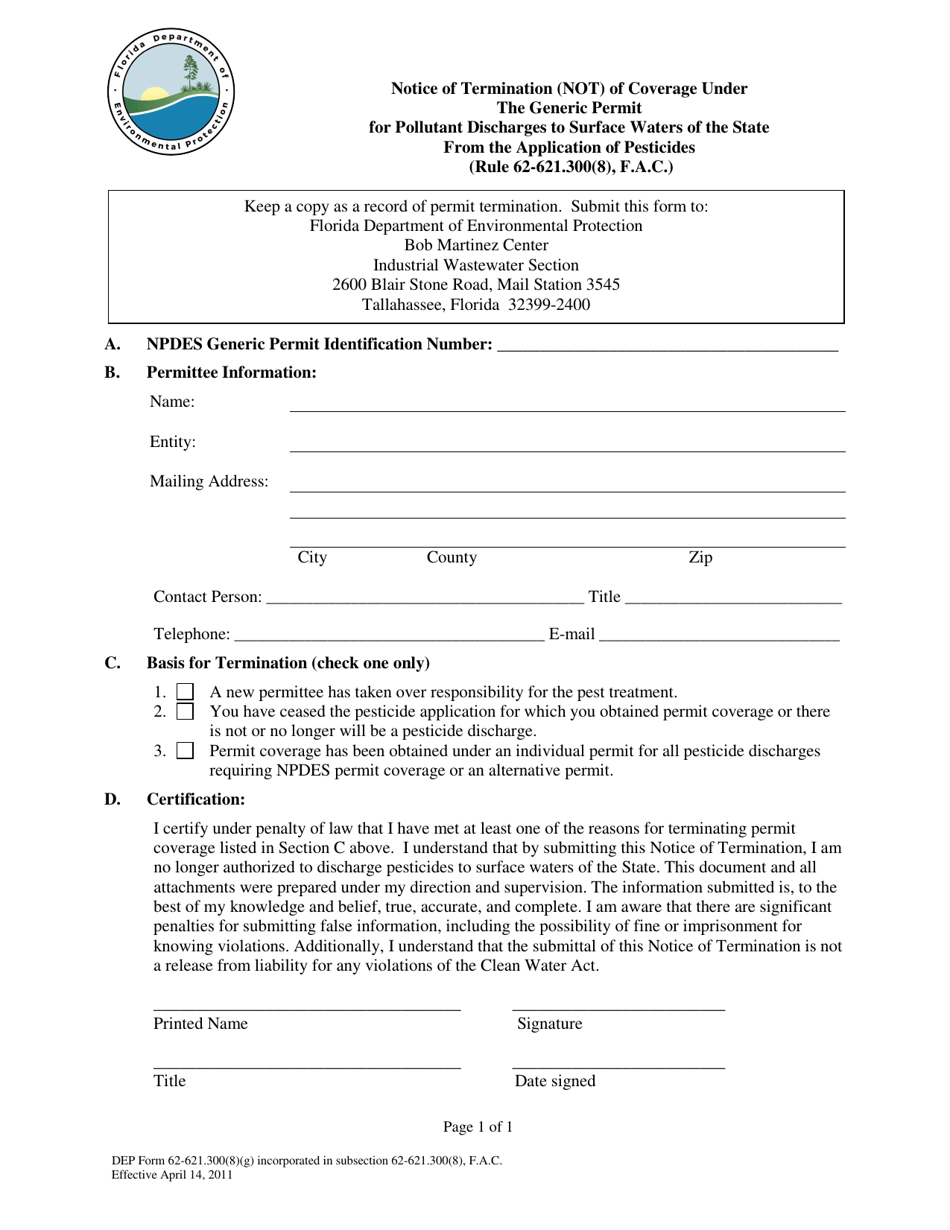 DEP Form 62-621.300(8)(G) Notice of Termination (Not) of Coverage Under the Generic Permit for Pollutant Discharges to Surface Waters of the State From the Application of Pesticides - Florida, Page 1
