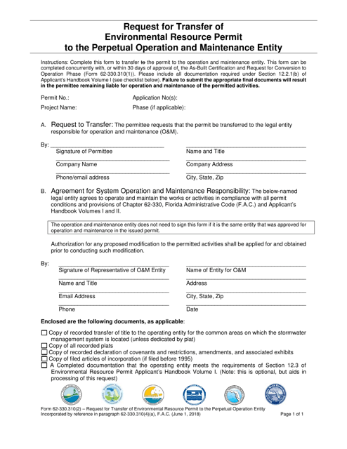 Form 62-330.310(2) Request for Transfer of Environmental Resource Permit to the Perpetual Operation and Maintenance Entity - Florida
