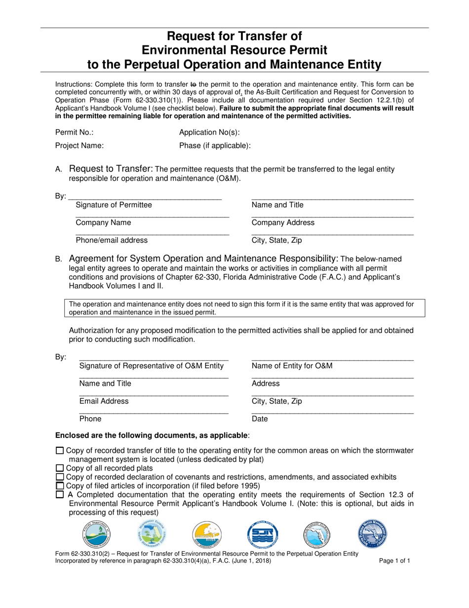 Form 62-330.310(2) Request for Transfer of Environmental Resource Permit to the Perpetual Operation and Maintenance Entity - Florida, Page 1