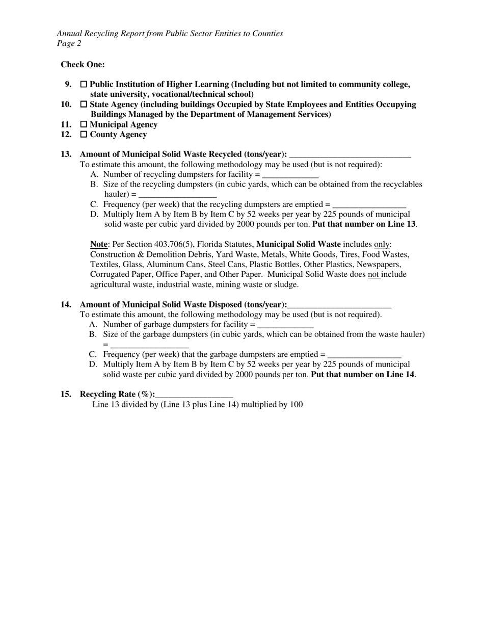 DEP Form 62-716.900(5) Annual Recycling Report From Public Sector Entities to Counties - Florida, Page 2