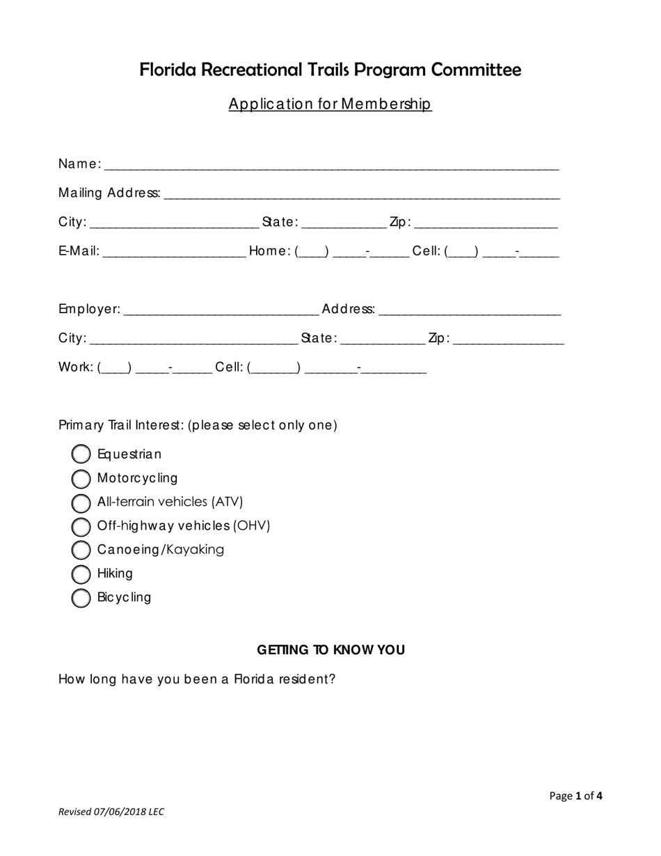 Application for Membership - Florida Recreational Trails Program Committee - Florida, Page 1