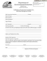 DEP Form 62-701.900(2) &quot;Certification of Construction Completion of a Solid Waste Management Facility&quot; - Florida